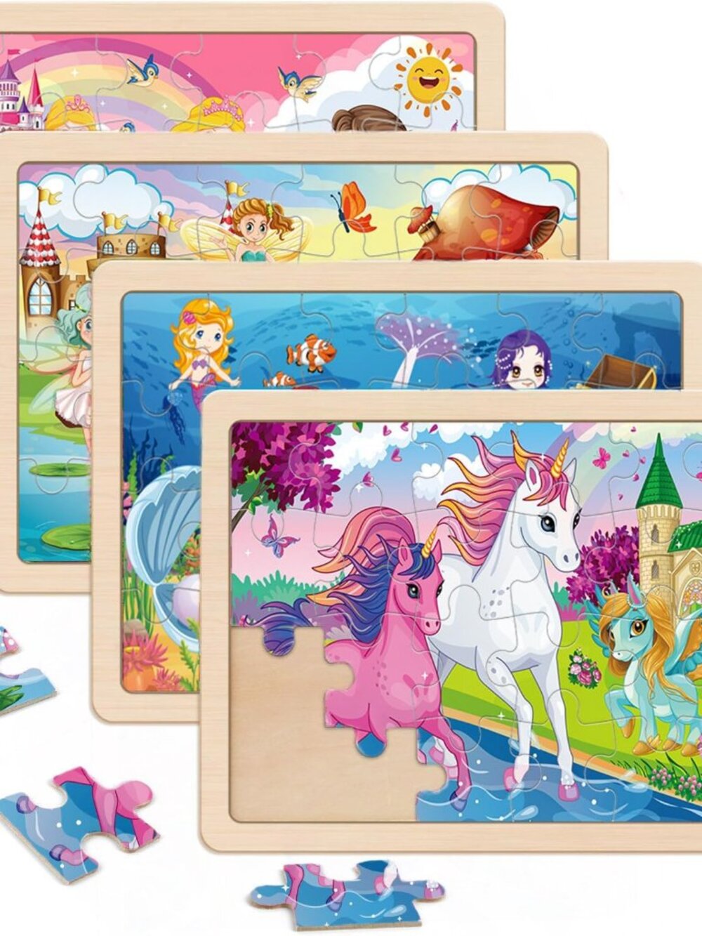 Wooden Jigsaw Puzzles for Kids 4-6 Unicorn Mermaid Princess Fairy 4-Pack 24PC